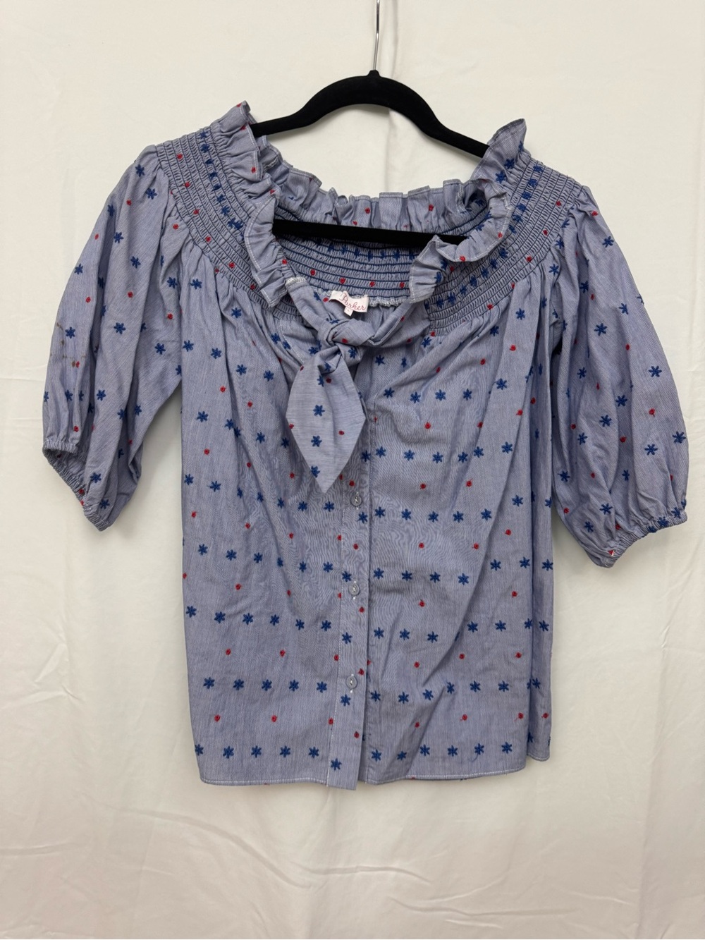 Parker Light Blue Star-Print Ruffle Neck Blouse with Tie